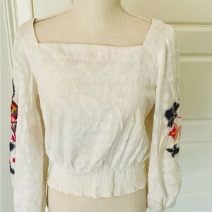 Anthropologie White Blouse with Colorful Embroidery